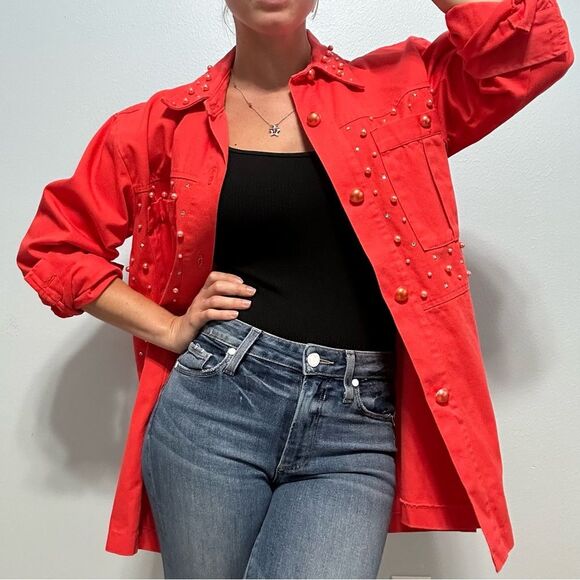 VINTAGE 80s Saint Germain red denim trucker jacket S pearl embellished oversized - Picture 1 of 15